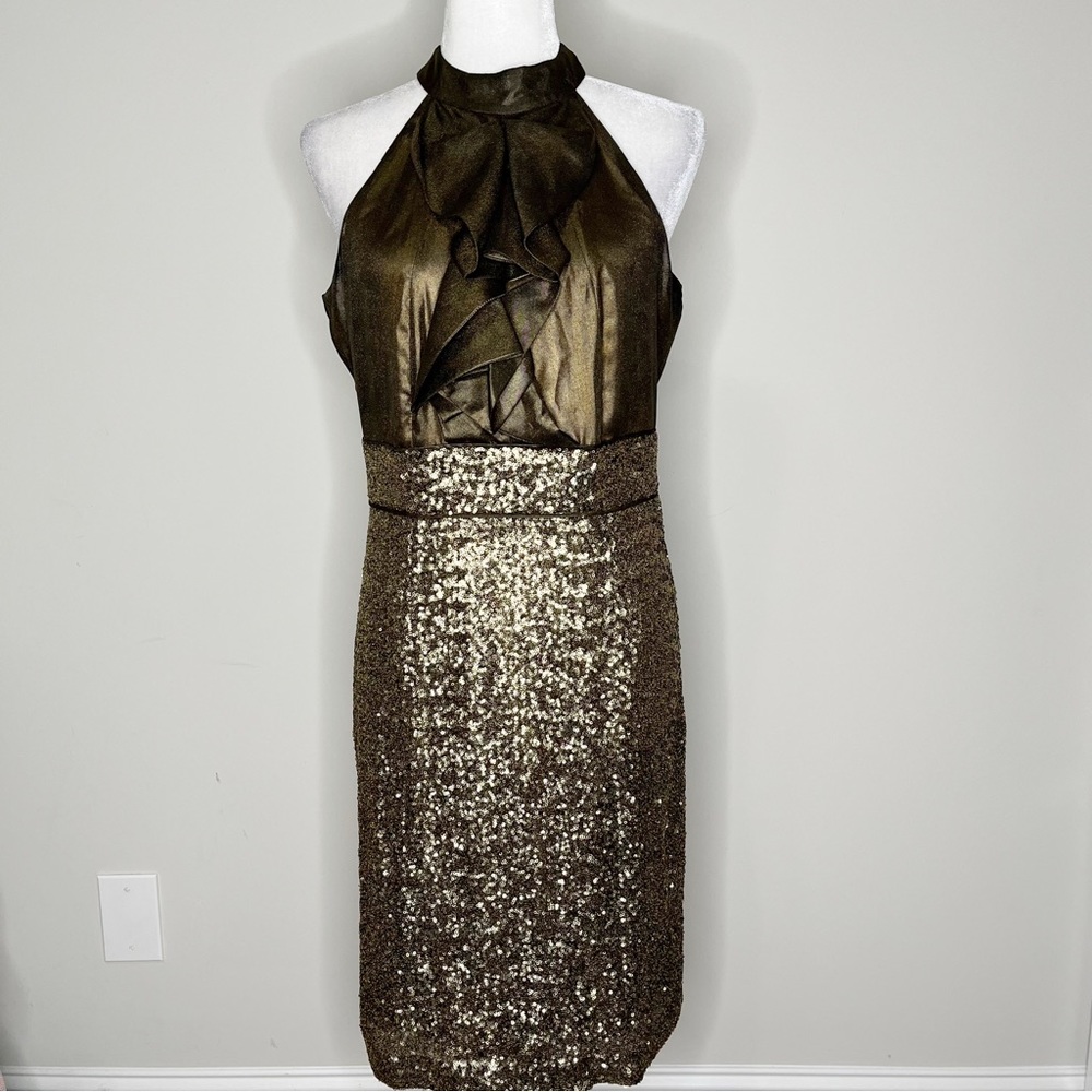 Antonio Melani Ruffle Front Metallic Bronze Brown & Sequins Halter Dress 8
